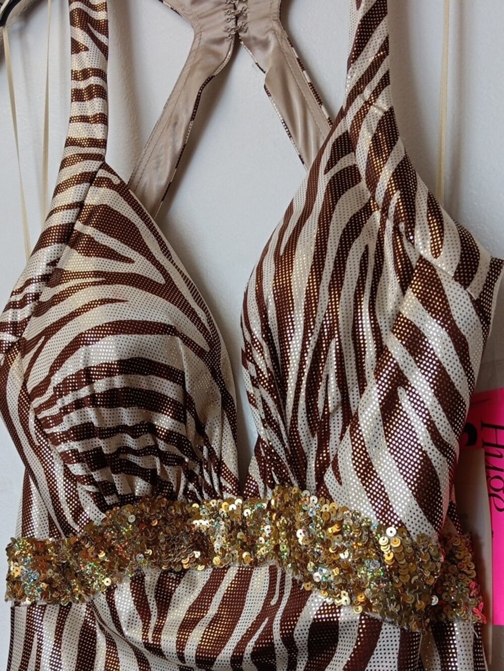 Vintage La Femme Gold and Brown Zebra-Print Maxi Dress with Embellished Waist - Picture 15 of 16